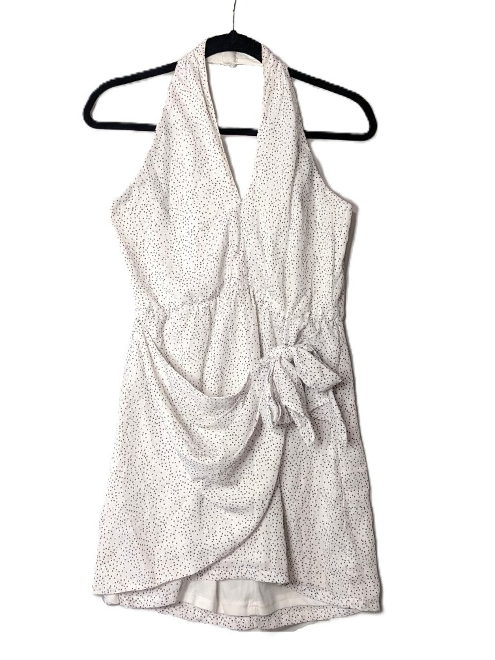LUSH Polka Dot Halter Mini Dress Faux Wrap Tie Waist White Medium M
